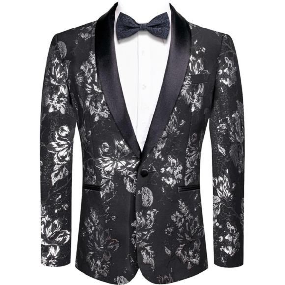 Mens Suit Blazer One Button Shawl Lapel Slim Fit Long Sleeve Floral Tuxedo